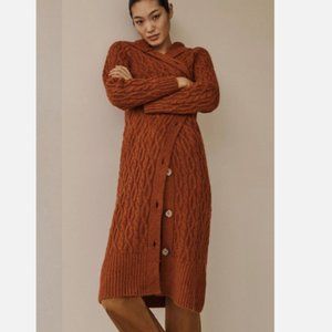 Anthropologie S NWT Knit Hooded Duster Cardigan Long Sweater Dark Orange Rust